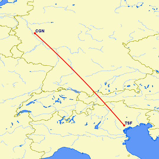 перелет Кельн — Тревисо на карте