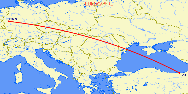 перелет Кельн — Трабзон на карте