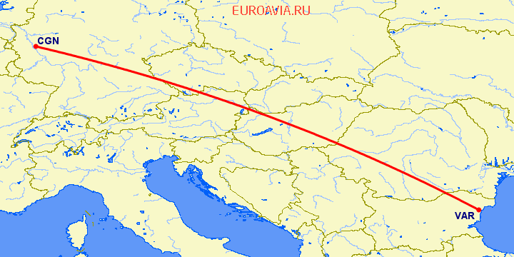 перелет Кельн — Варна на карте