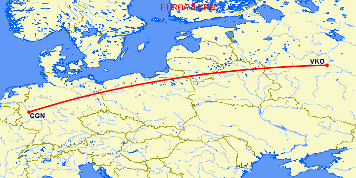 перелет Кельн — Москва на карте