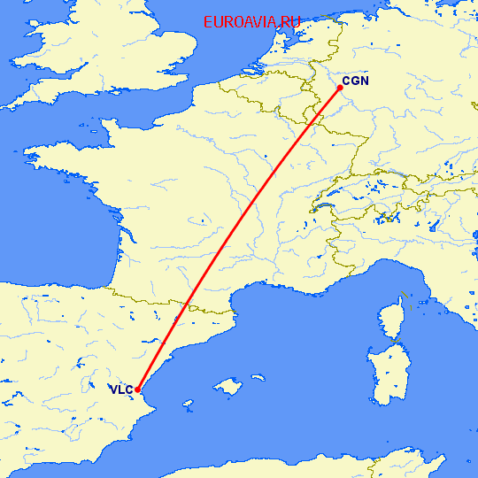 перелет Кельн — Валенсия на карте