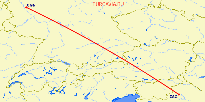 перелет Кельн — Загреб на карте