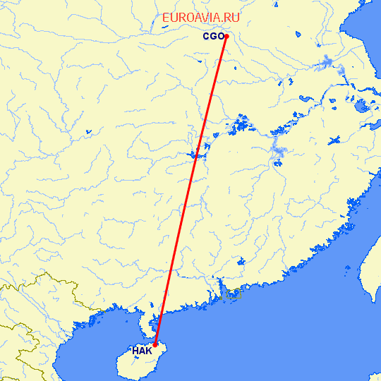 перелет Чженчжоу — Хайкоу на карте