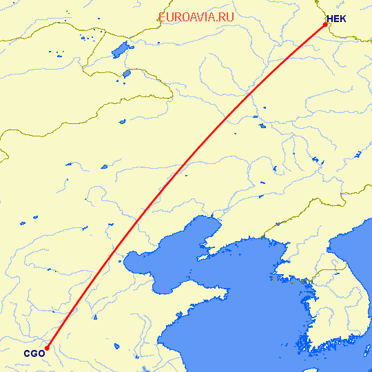 перелет Чженчжоу — Хейхе на карте
