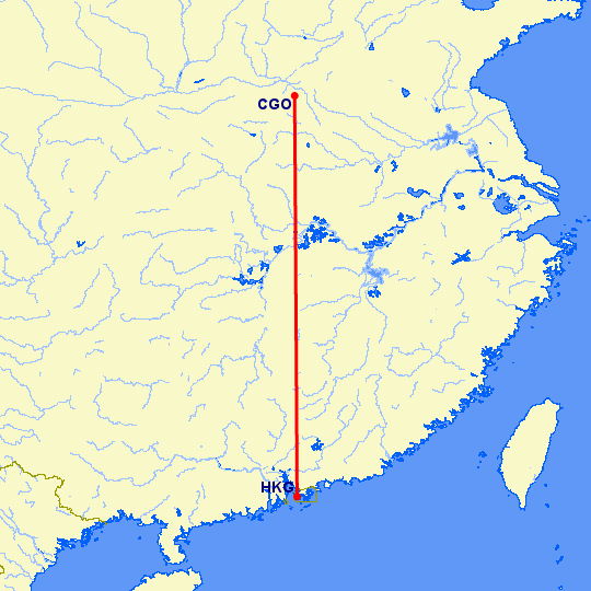 перелет Чженчжоу — Гонконг на карте