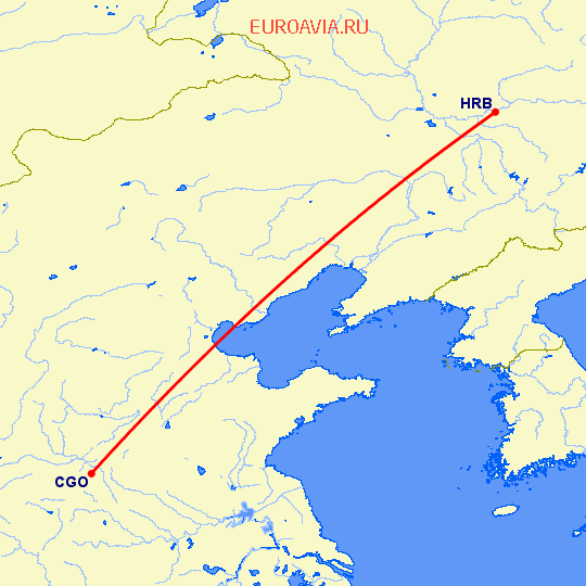 перелет Чженчжоу — Харбин на карте