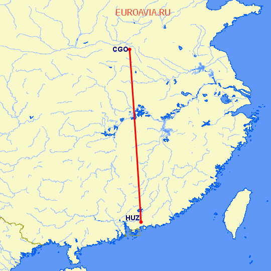 перелет Чженчжоу — Хуэйчжоу на карте