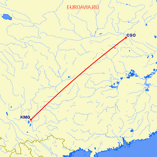 перелет Чженчжоу — Кунминг на карте