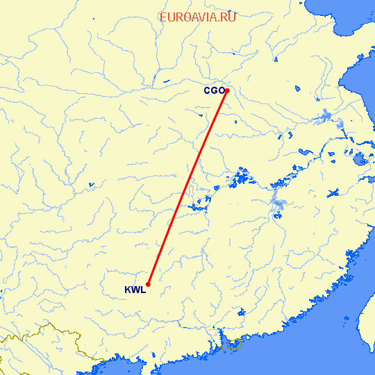 перелет Чженчжоу — Гуйлинь на карте