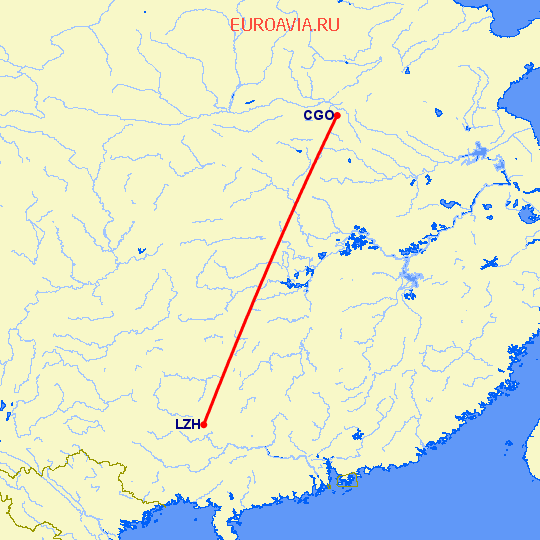 перелет Чженчжоу — Лучжоу на карте