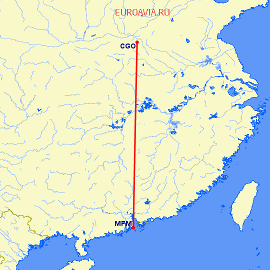 перелет Чженчжоу — Макао на карте