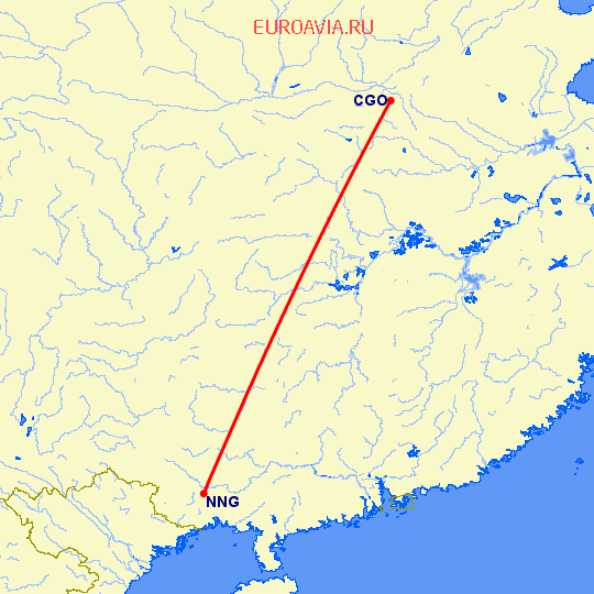 перелет Чженчжоу — Наньнин на карте