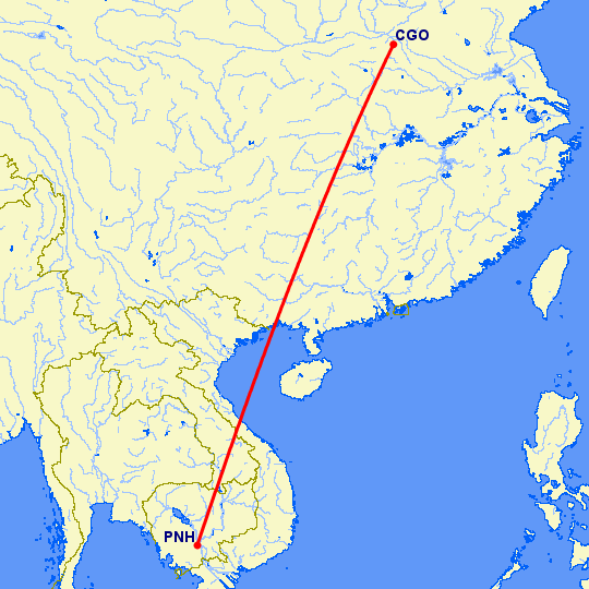 перелет Чженчжоу — Пномпен на карте