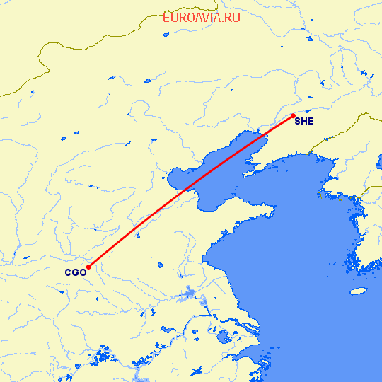 перелет Чженчжоу — Шеньян на карте