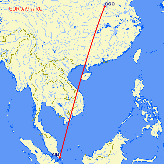 перелет Чженчжоу — Сингапур на карте