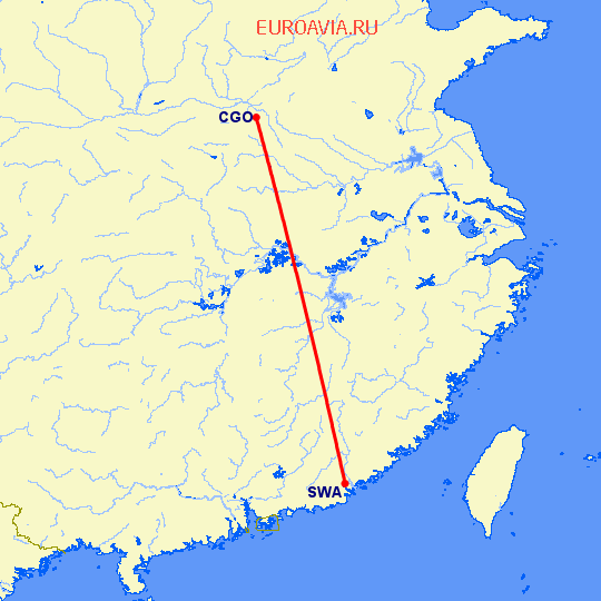 перелет Чженчжоу — Шаньтоу на карте