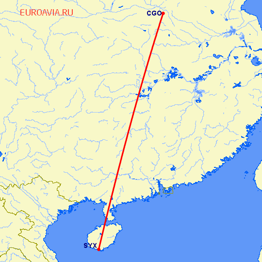 перелет Чженчжоу — Санья на карте
