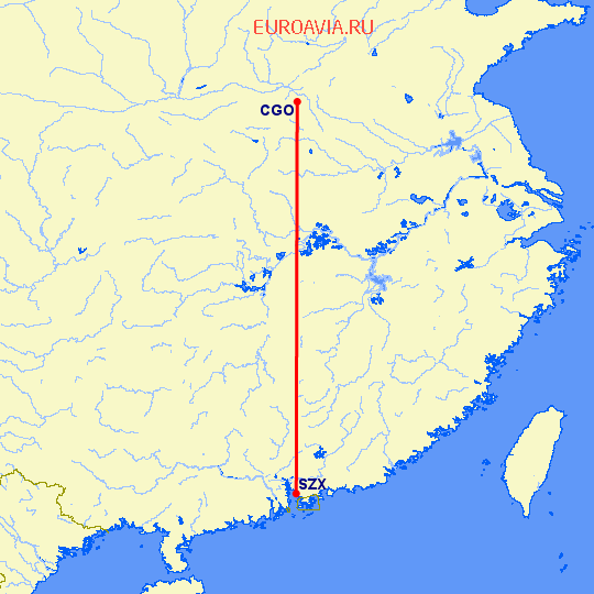 перелет Чженчжоу — Шэньчжэнь на карте