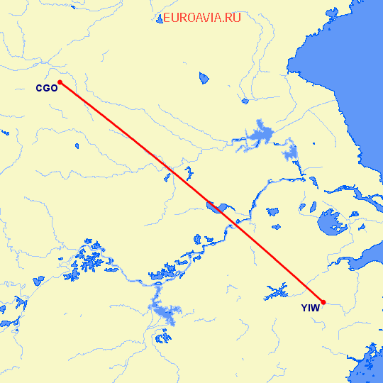 перелет Чженчжоу — Иву на карте