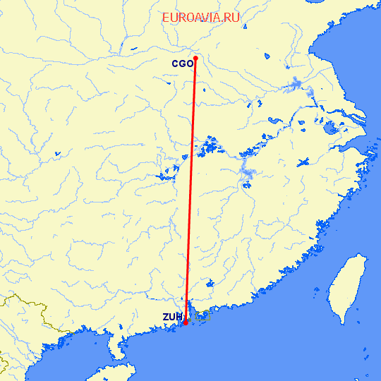 перелет Чженчжоу — Чжухай на карте