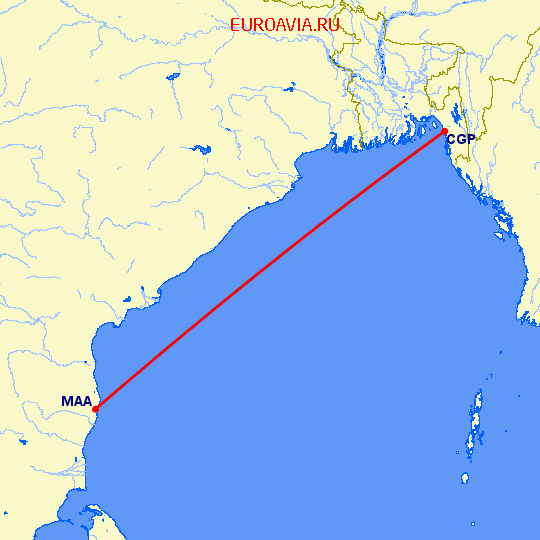 перелет Chittagong — Мадрас Ченнай на карте