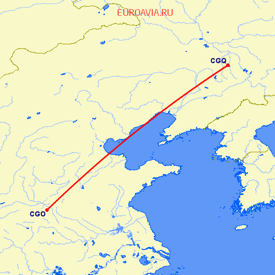 перелет Чаньчунь — Чженчжоу на карте