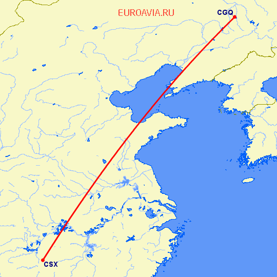 перелет Чаньчунь — Чанша на карте