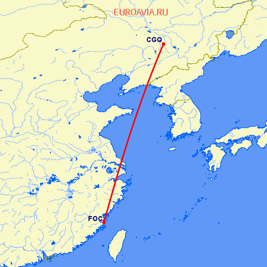 перелет Чаньчунь — Фучжоу на карте