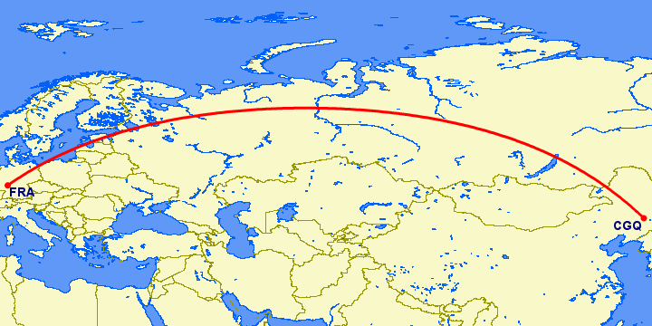 перелет Чаньчунь — Франкфурт на Майне на карте