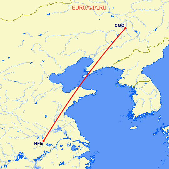 перелет Чаньчунь — Хефей на карте