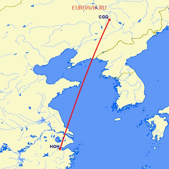 перелет Чаньчунь — Ханчжоу на карте