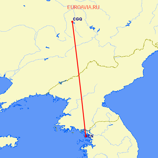 перелет Чаньчунь — Сеул на карте