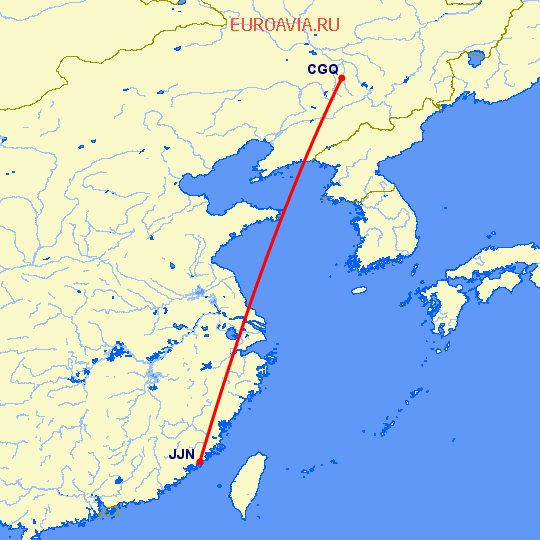 перелет Чаньчунь — Цзиньян на карте