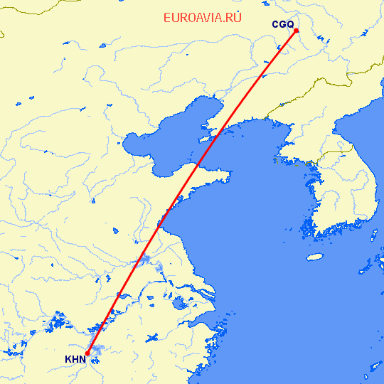 перелет Чаньчунь — Наньчан на карте