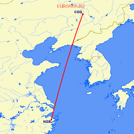 перелет Чаньчунь — Нинбо на карте