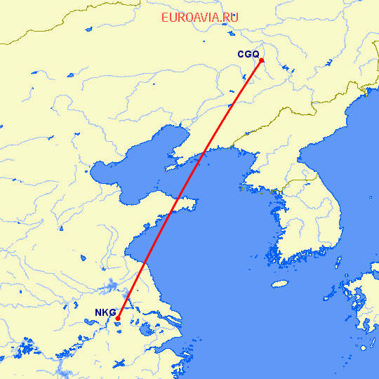 перелет Чаньчунь — Нанкин на карте