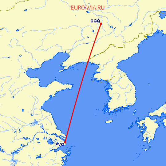 перелет Чаньчунь — Шанхай на карте