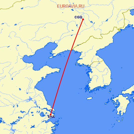 перелет Чаньчунь — Шанхай на карте