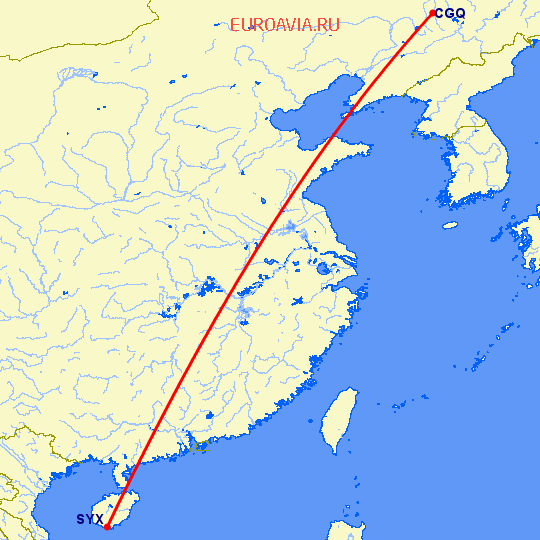 перелет Чаньчунь — Санья на карте