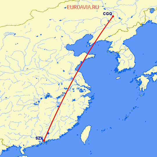 перелет Чаньчунь — Шэньчжэнь на карте