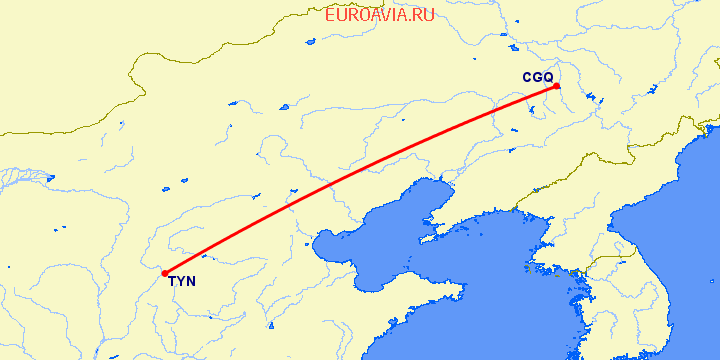 перелет Чаньчунь — Тайюань на карте