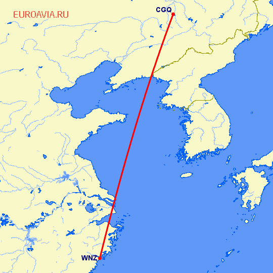 перелет Чаньчунь — Венчжоу на карте