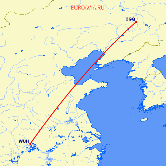 перелет Чаньчунь — Вухан на карте