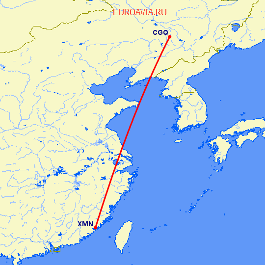 перелет Чаньчунь — Сямэнь на карте
