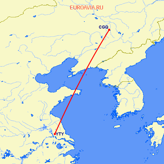 перелет Чаньчунь — Янчжоу на карте