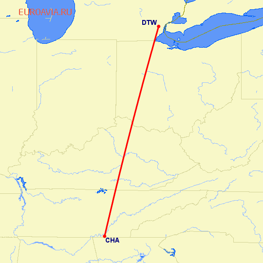 перелет Chattanooga — Детройт на карте
