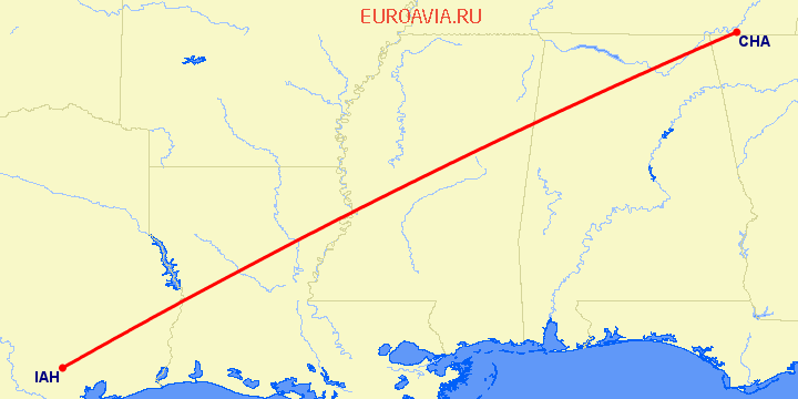перелет Chattanooga — Хьюстон на карте