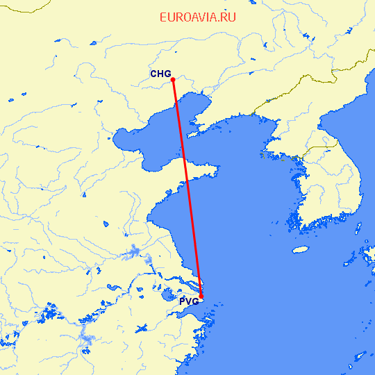 перелет Чаоян — Шанхай на карте