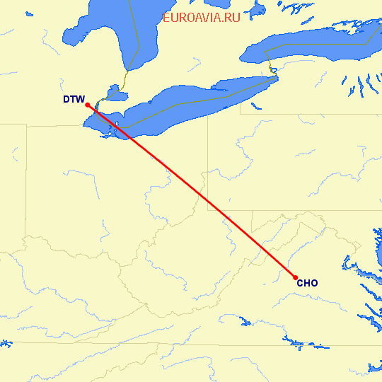 перелет Шарлоттсвилл — Детройт на карте