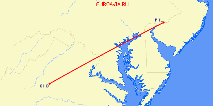перелет Шарлоттсвилл — Филадельфия на карте